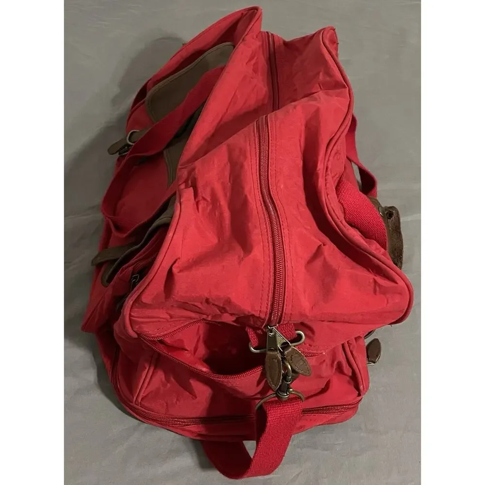 Vintage 90s Marlboro Country Store Red Duffle Bag Leather Flap Travel Gym